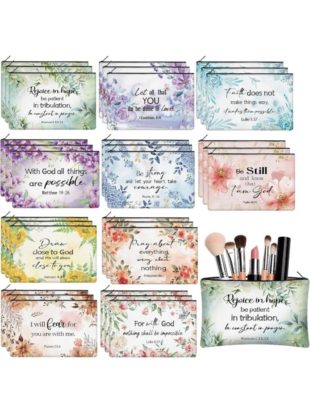 30 Pcs Inspirational Makeup Bags with Bible Verses - Religious Zipper Pouches